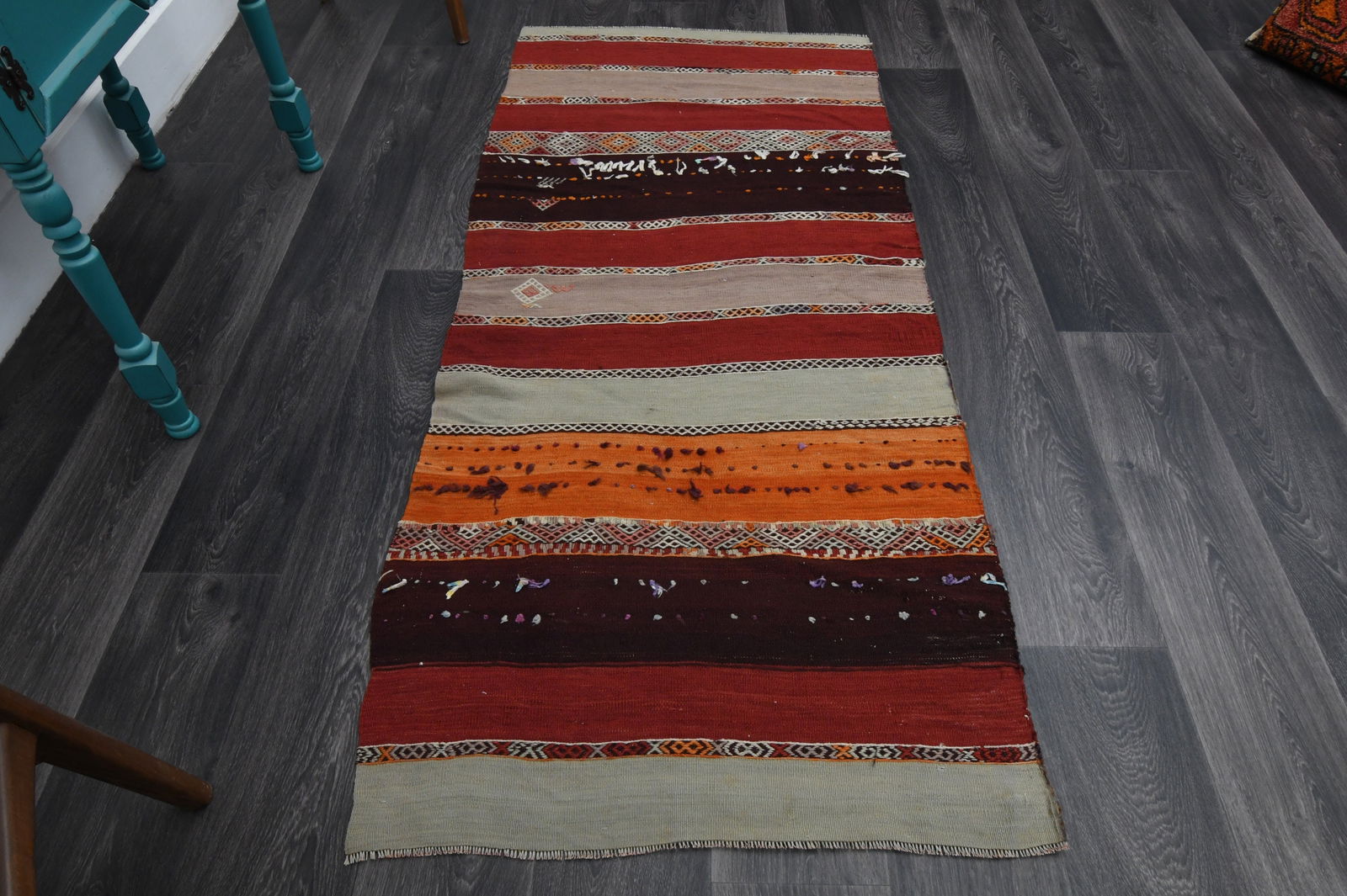 2.8x6.4 ft, TURKISH CACIM KILIM: Title: 2.8x6.4 ft, TURKISH CACIM KILIM Description: This Turkish one-of-a-kind Vintage Flatweave Kilim Rug is hand-knotted and handwoven by the most skilled artisans who use pure wool, in vibrant, nat
