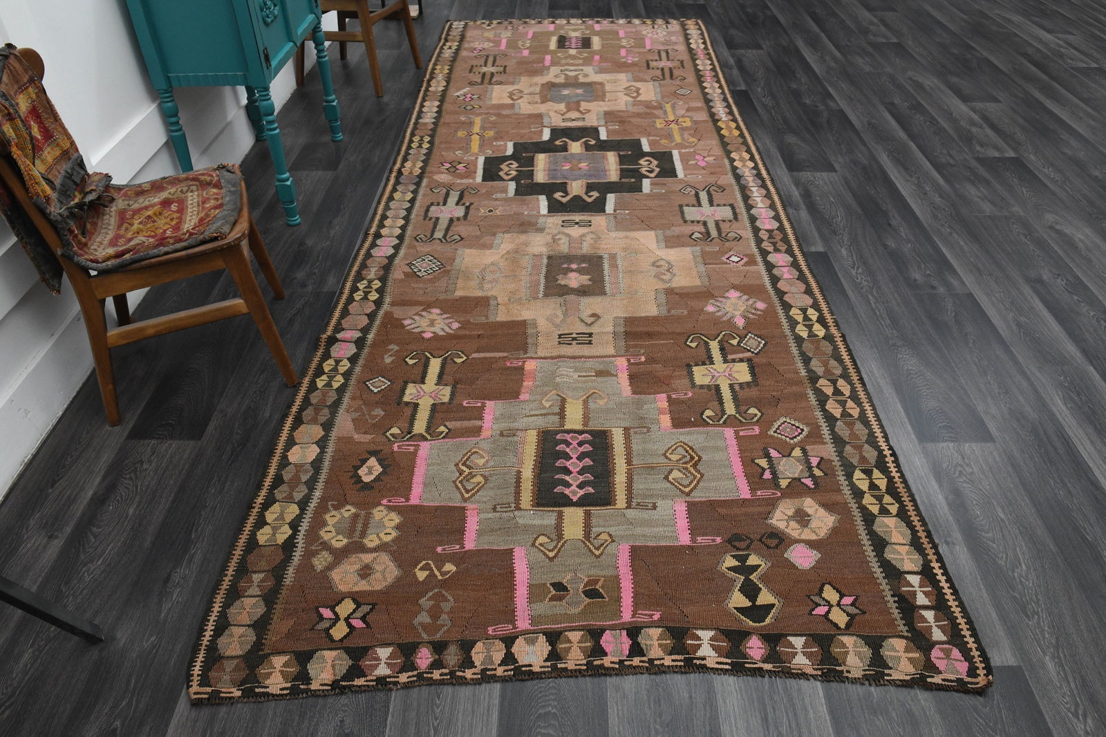 5x14 ft, TURKISH WIDE KILIM Runner: Title: 5x14 ft, TURKISH WIDE KILIM Runner Description: This Turkish one-of-a-kind Vintage Flatweave Kilim Rug is hand-knotted and handwoven by the most skilled artisans who use pure wool, in vibrant,