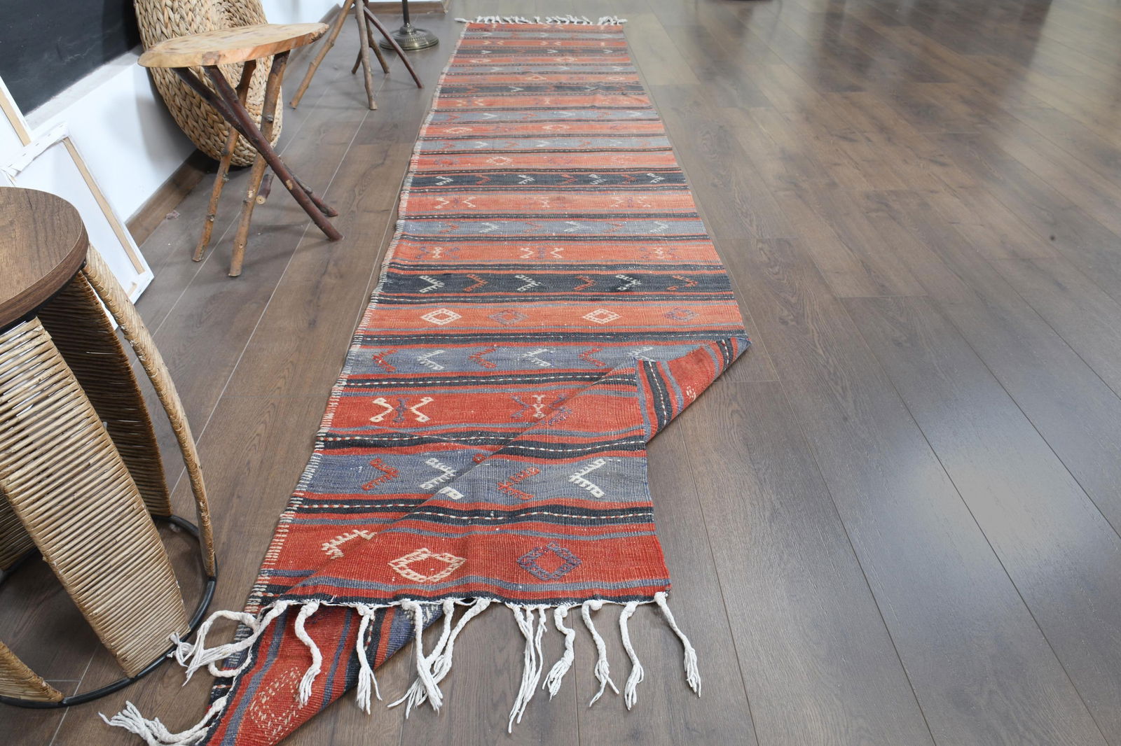 2'4x11'1 ft, ORANGE BLUE STRIPED, Kilim Runner: Title: 2'4x11'1 ft, ORANGE BLUE STRIPED, Kilim Runner Description: This Turkish one-of-a-kind Vintage Flatweave Kilim Rug is hand-knotted and handwoven by the most skilled artisans who use pure wool,