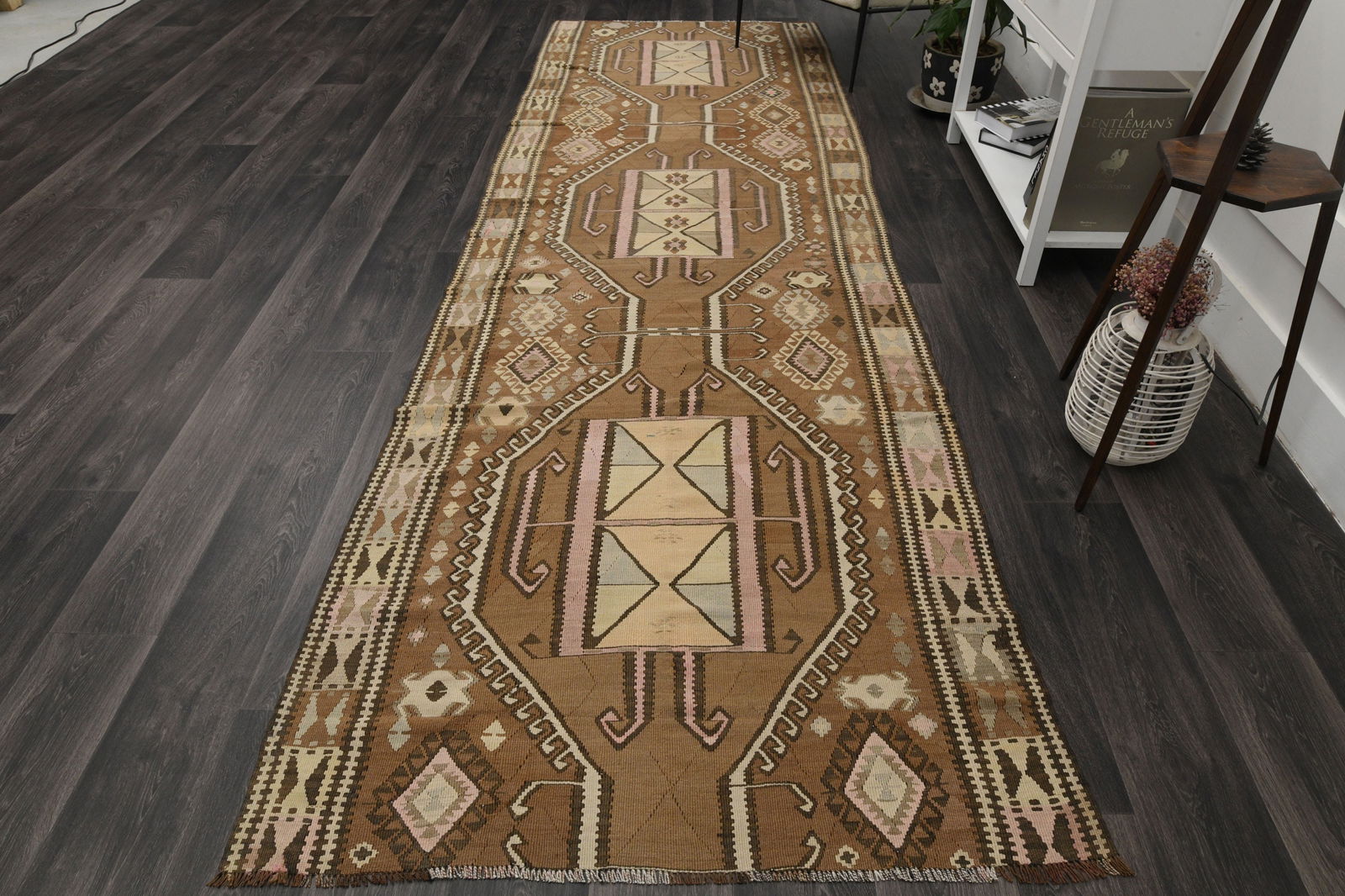 4.1x12.8 ft, WASHABLE KILIM DÉCOR: Title: 4.1x12.8 ft, WASHABLE KILIM DÉCOR Description: This Turkish one-of-a-kind Vintage Flatweave Kilim Rug is hand-knotted and handwoven by the most skilled artisans who use pure wool, in