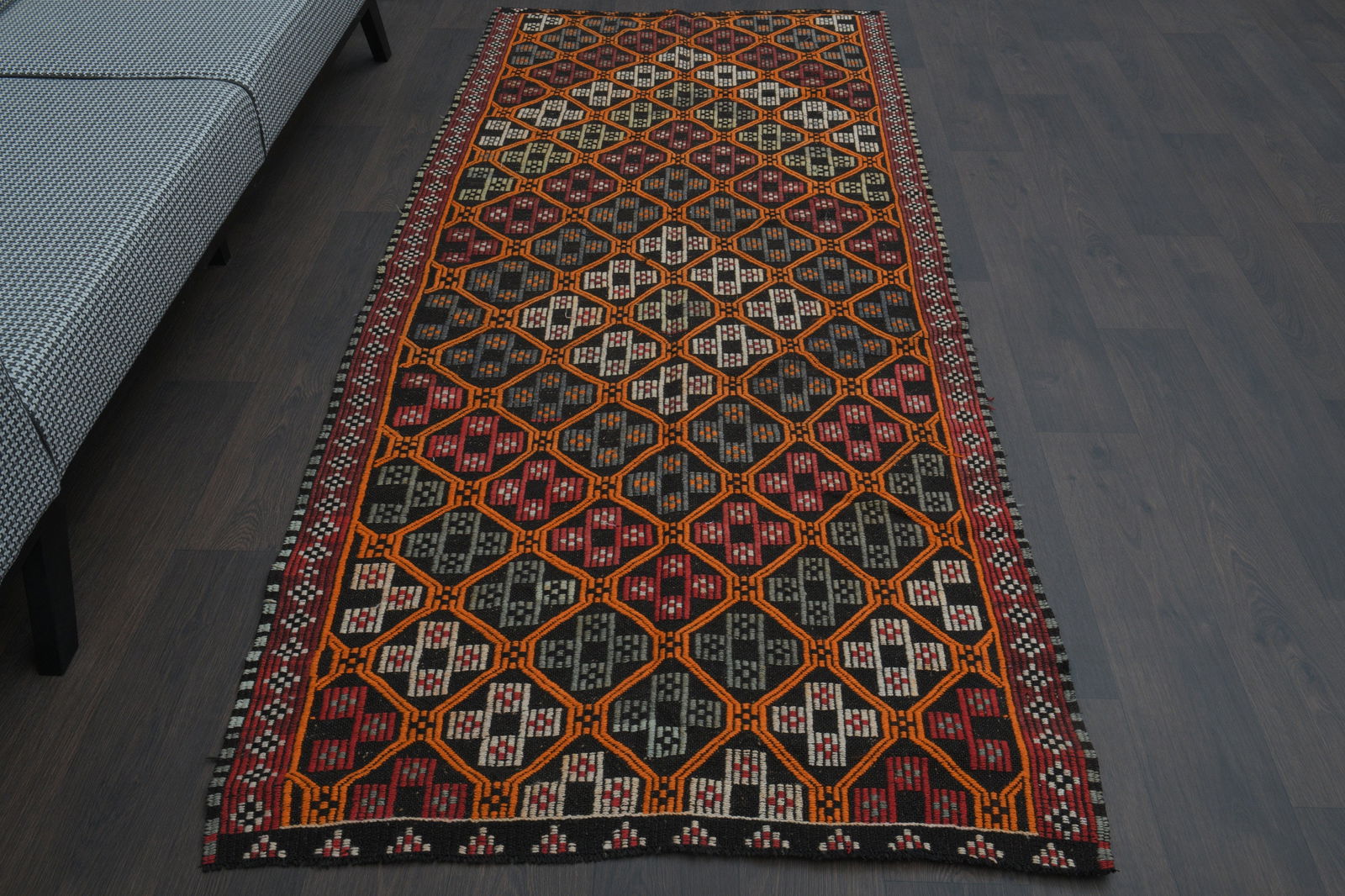 4x9 Vintage Rug Runner, Turkish: Title: 4x9 Vintage Rug Runner, Turkish Description: This Turkish one-of-a-kind Vintage Flatweave Kilim Rug is hand-knotted and handwoven by the most skilled artisans who use pure wool, in vibrant,