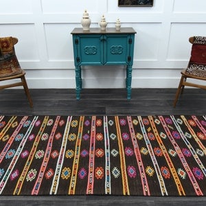 3.7x10.7 ft, Black Bohemian Kilim Rug - 3