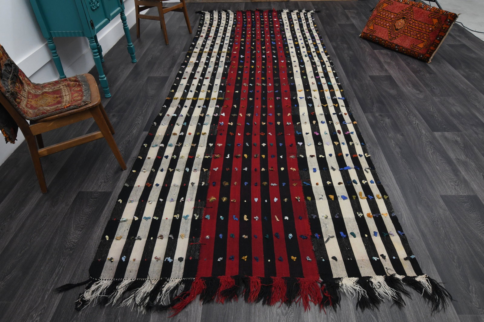 5x13.3 ft, TURKISH Wide Runner: Title: 5x13.3 ft, TURKISH Wide Runner Description: This Turkish one-of-a-kind Vintage Flatweave Kilim Rug is hand-knotted and handwoven by the most skilled artisans who use pure wool, in vibrant,