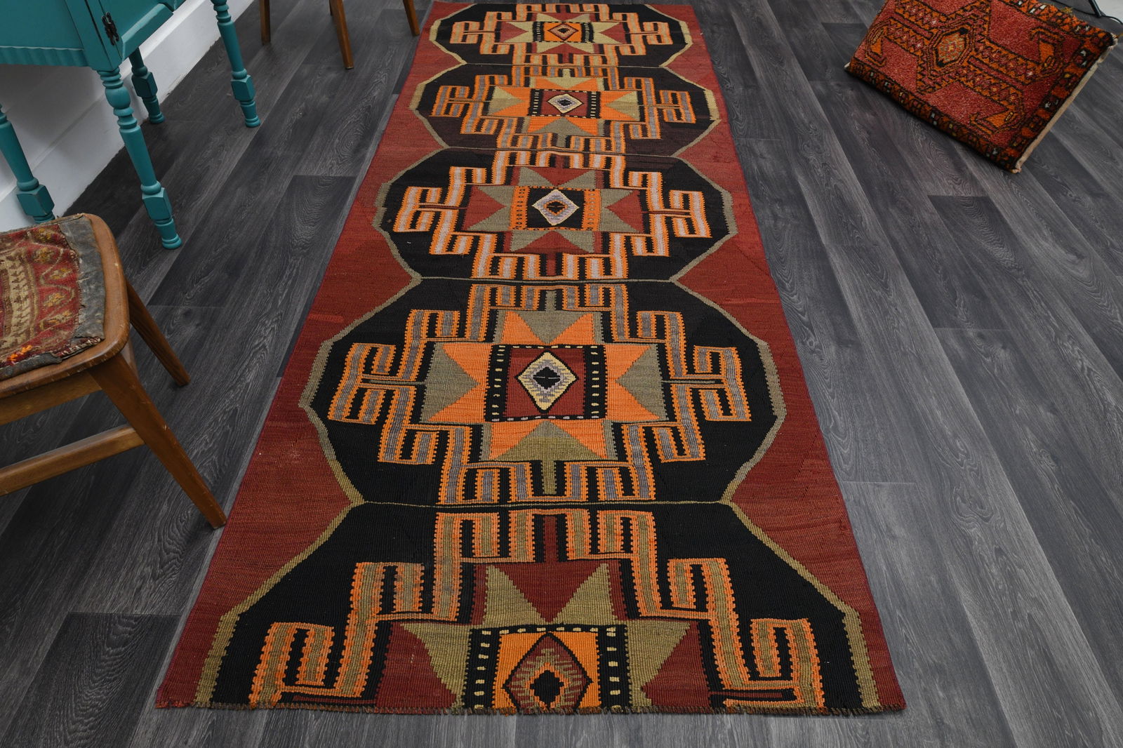 3.9x10.7 ft, Red Bohemian Kilim Rug: Title: 3.9x10.7 ft, Red Bohemian Kilim Rug Description: This Turkish one-of-a-kind Vintage Flatweave Kilim Rug is hand-knotted and handwoven by the most skilled artisans who use pure wool, in