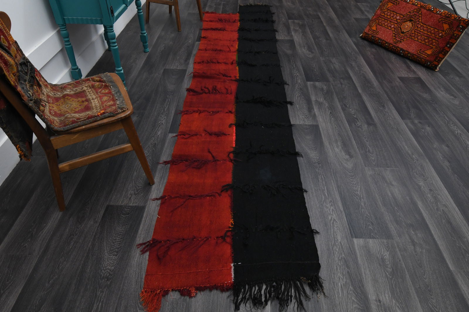 3x11.5 ft, BLACK & RED TURKISH Kilim Runner: Title: 3x11.5 ft, BLACK & RED TURKISH Kilim Runner Description: This Turkish one-of-a-kind Vintage Flatweave Kilim Rug is hand-knotted and handwoven by the most skilled artisans who use pure wool, in