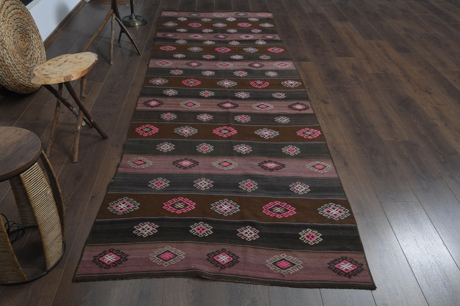 3'7x11'1 ft, VINTAGE DECOR RUNNER: Title: 3'7x11'1 ft, VINTAGE DECOR RUNNER Description: This Turkish one-of-a-kind Vintage Flatweave Kilim Rug is hand-knotted and handwoven by the most skilled artisans who use pure wool, in vibrant, n