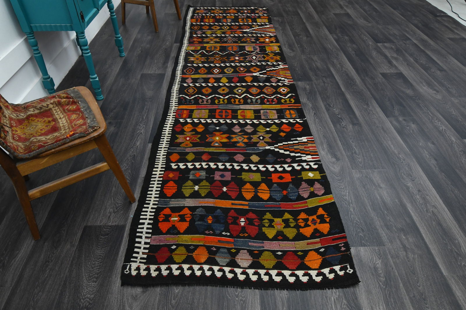 3.3x11.5 ft, TURKISH KILIM Runner: Title: 3.3x11.5 ft, TURKISH KILIM Runner Description: This Turkish one-of-a-kind Vintage Flatweave Kilim Rug is hand-knotted and handwoven by the most skilled artisans who use pure wool, in vibrant,