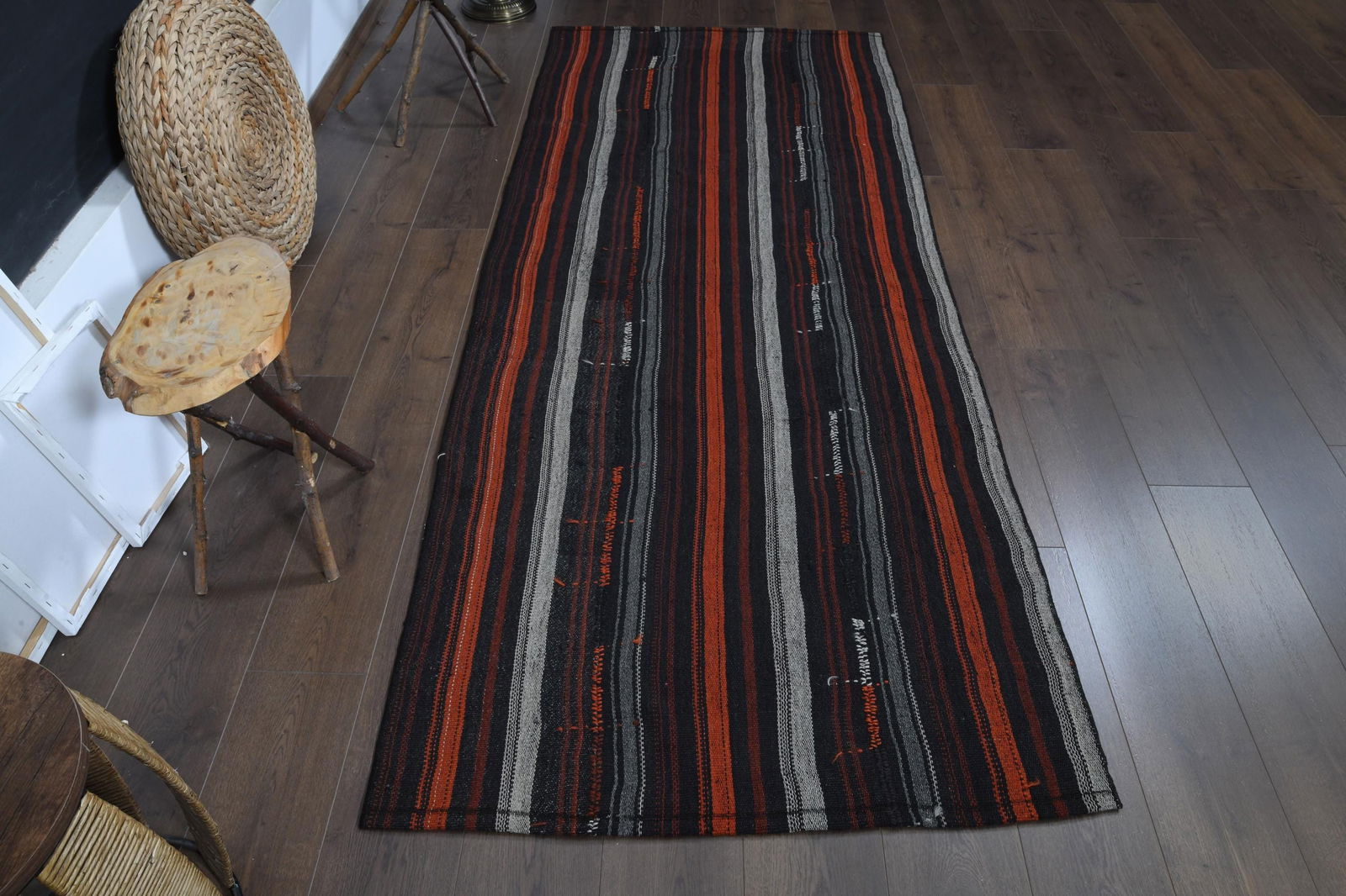 3'5x8'4 ft, COLORFUL STRIPED RUNNER: Title: 3'5x8'4 ft, COLORFUL STRIPED RUNNER Description: This Turkish one-of-a-kind Vintage Flatweave Kilim Rug is hand-knotted and handwoven by the most skilled artisans who use pure wool, in