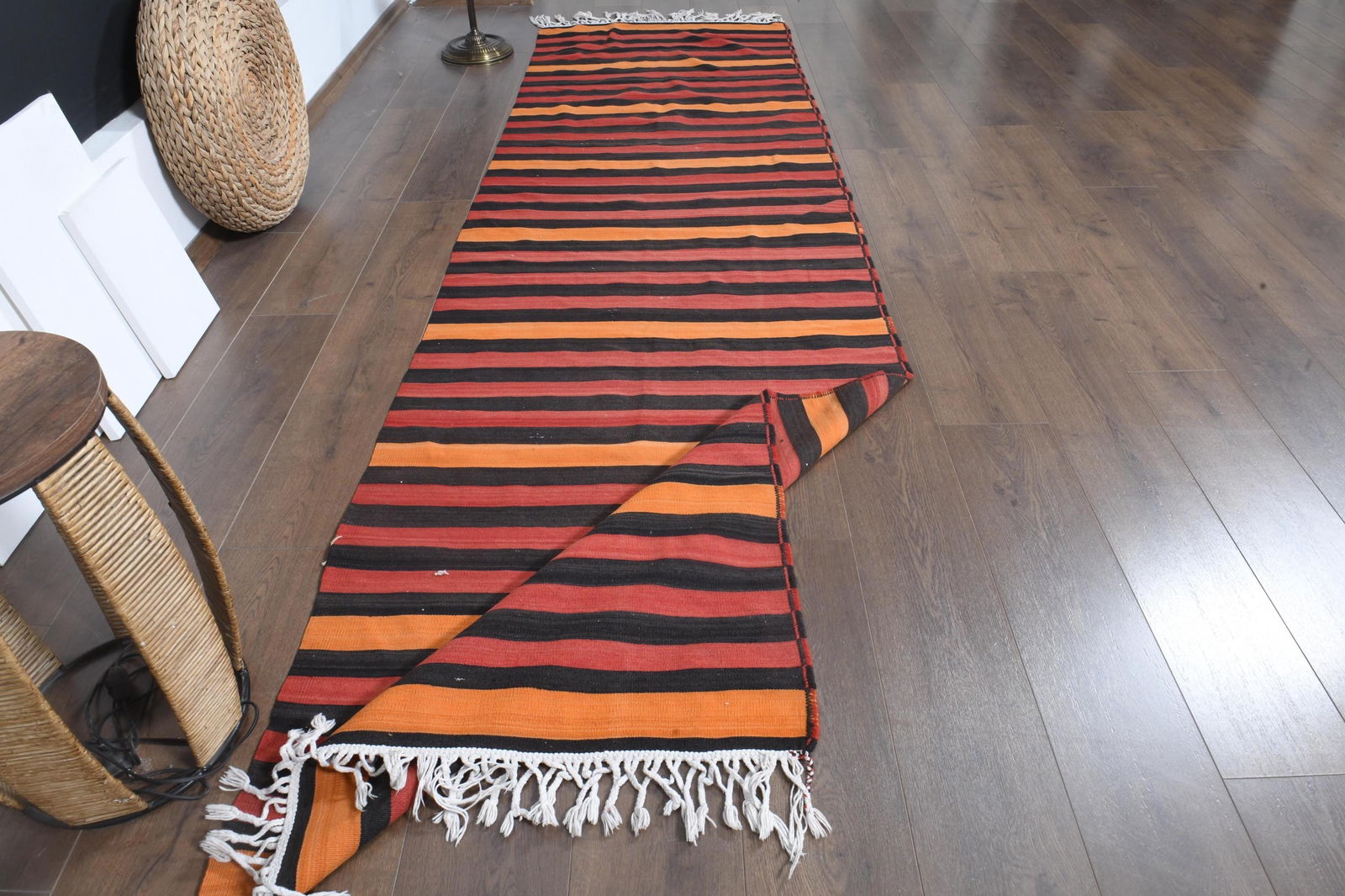 3.1x10.8 ft, STRIPED KILIM RUNNER: Title: 3.1x10.8 ft, STRIPED KILIM RUNNER Description: This Turkish one-of-a-kind Vintage Flatweave Kilim Rug is hand-knotted and handwoven by the most skilled artisans who use pure wool, in vibrant,