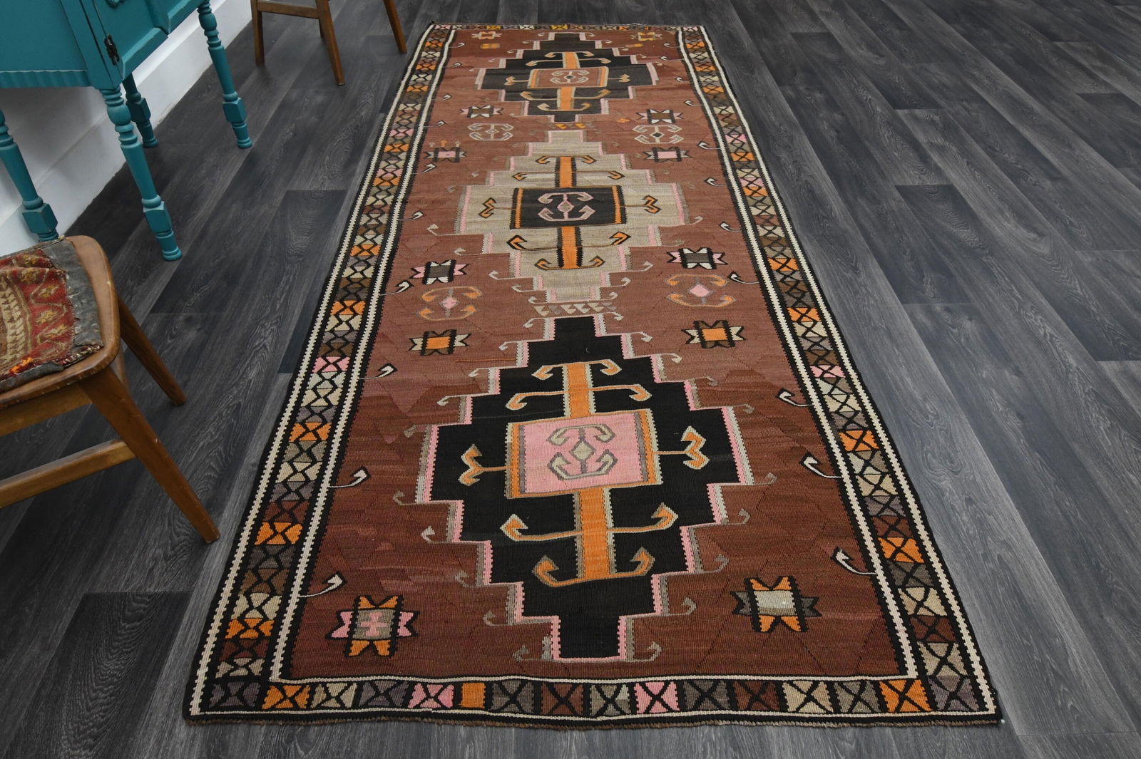 4.5x11.1 ft, Bohemian Kilim Rug Runner (1 of 17)