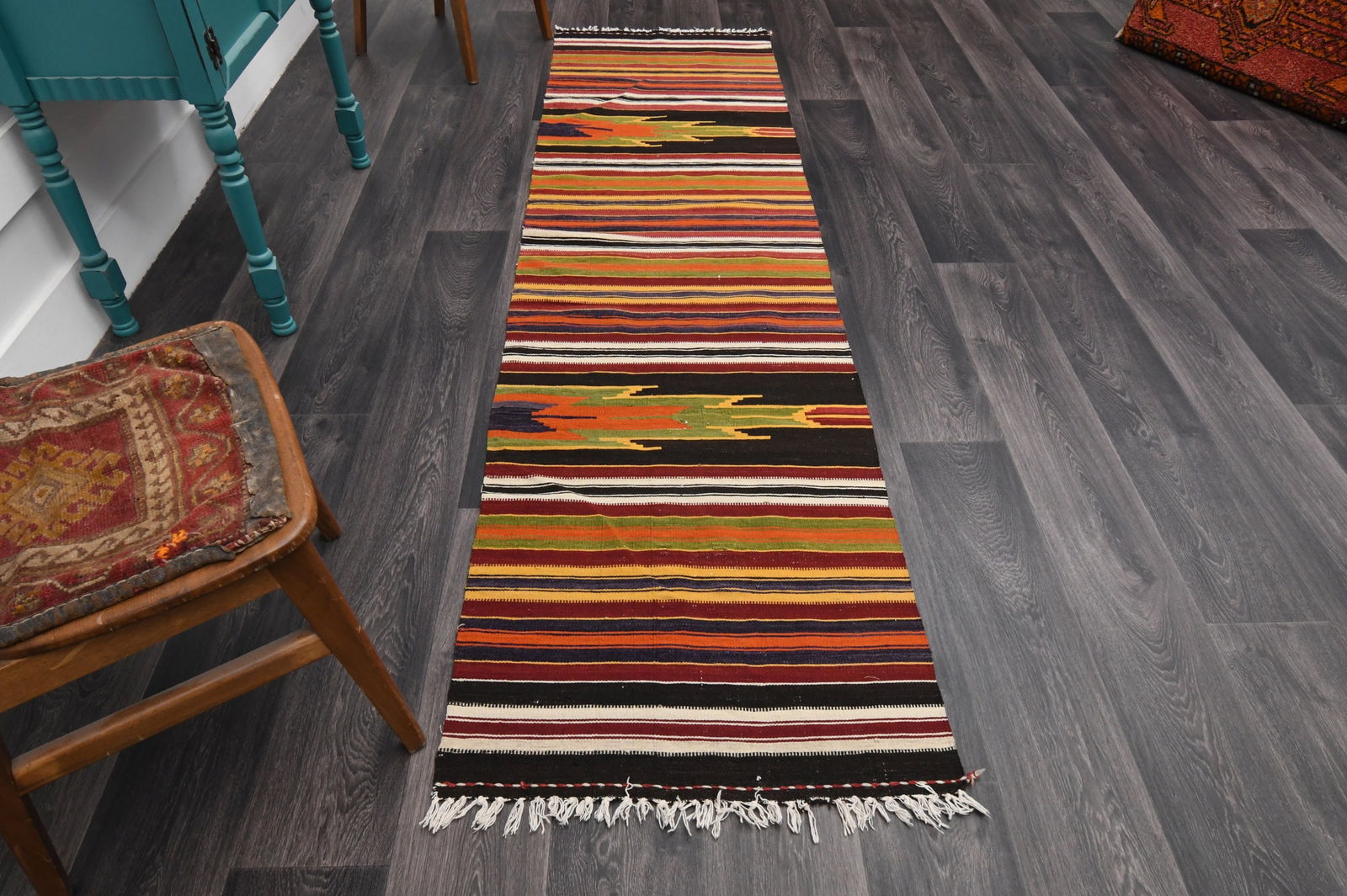 2.4x8.9 ft, TURKISH Rug Runner: Title: 2.4x8.9 ft, TURKISH Rug Runner Description: This Turkish one-of-a-kind Vintage Flatweave Kilim Rug is hand-knotted and handwoven by the most skilled artisans who use pure wool, in vibrant, natu