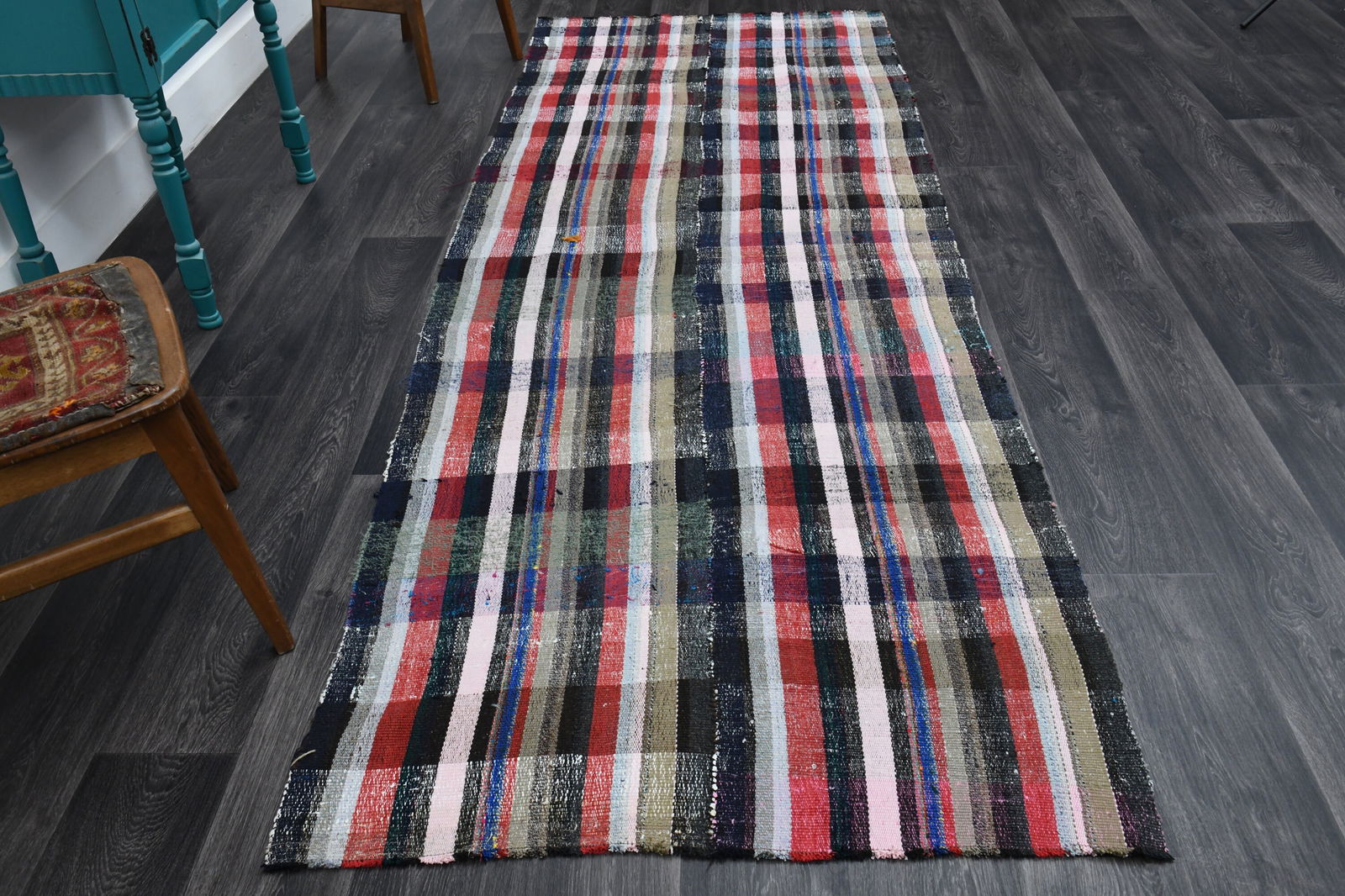 3.8x10.7 ft, TURKISH KILIM Runner: Title: 3.8x10.7 ft, TURKISH KILIM Runner Description: This Turkish one-of-a-kind Vintage Flatweave Kilim Rug is hand-knotted and handwoven by the most skilled artisans who use pure wool, in vibrant, n