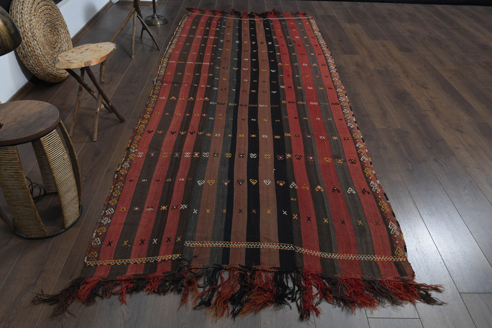 4'6x11'4 ft, ORANGE KILIM RUG: Title: 4'6x11'4 ft, ORANGE KILIM RUG Description: This Turkish one-of-a-kind Vintage Flatweave Kilim Rug is hand-knotted and handwoven by the most skilled artisans who use pure wool, in vibrant,