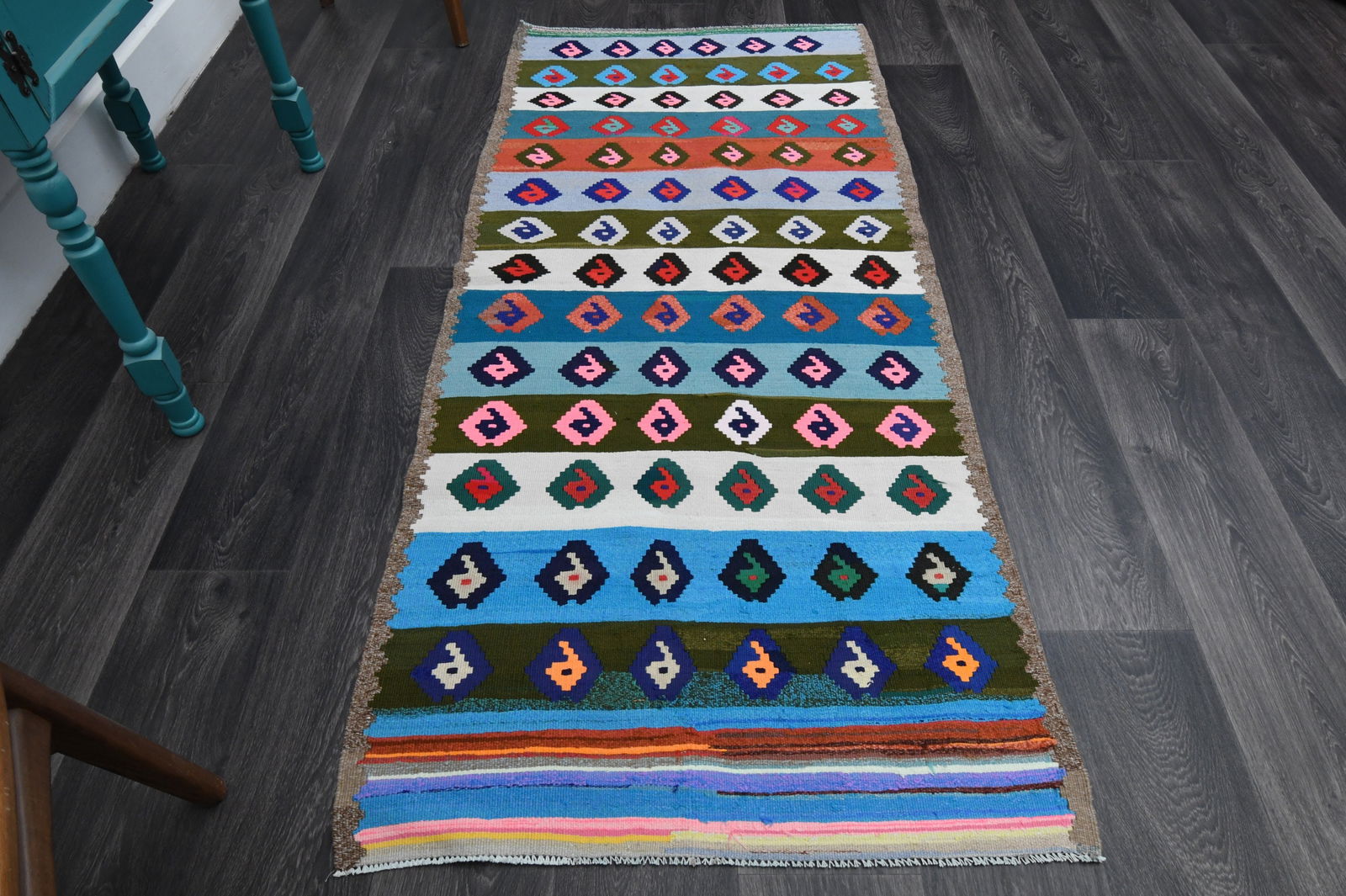 2.9x6.4 ft, TURKISH KILIM Runner: Title: 2.9x6.4 ft, TURKISH KILIM Runner Description: This Turkish one-of-a-kind Vintage Flatweave Kilim Rug is hand-knotted and handwoven by the most skilled artisans who use pure wool, in vibrant,