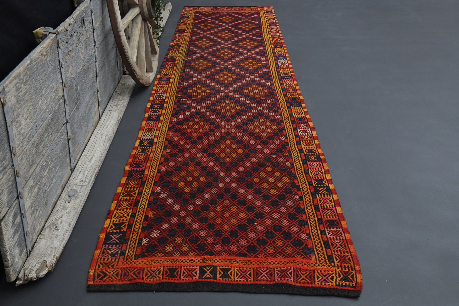 3.8x15.4 MINIMALIST RED RUNNER: Title: 3.8x15.4 MINIMALIST RED RUNNER Description: This Turkish one-of-a-kind Vintage Flatweave Kilim Rug is hand-knotted and handwoven by the most skilled artisans who use pure wool, in vibrant,
