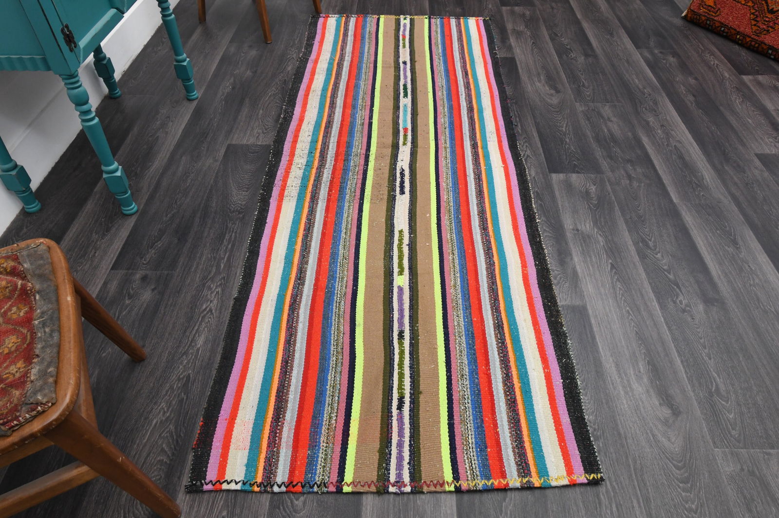 3.1x8 ft, TURKISH KILIM Runner: Title: 3.1x8 ft, TURKISH KILIM Runner Description: This Turkish one-of-a-kind Vintage Flatweave Kilim Rug is hand-knotted and handwoven by the most skilled artisans who use pure wool, in vibrant, natu