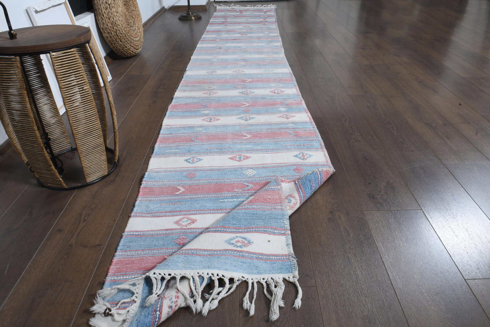 2.2x13.9 ft, PINK BLUE WHITE, Vintage Turkish Rug, Striped Runner: Title: 2.2x13.9 ft, PINK BLUE WHITE, Vintage Turkish Rug, Striped Runner Description: This Turkish one-of-a-kind Vintage Flatweave Kilim Rug is hand-knotted and handwoven by the most skilled artisans