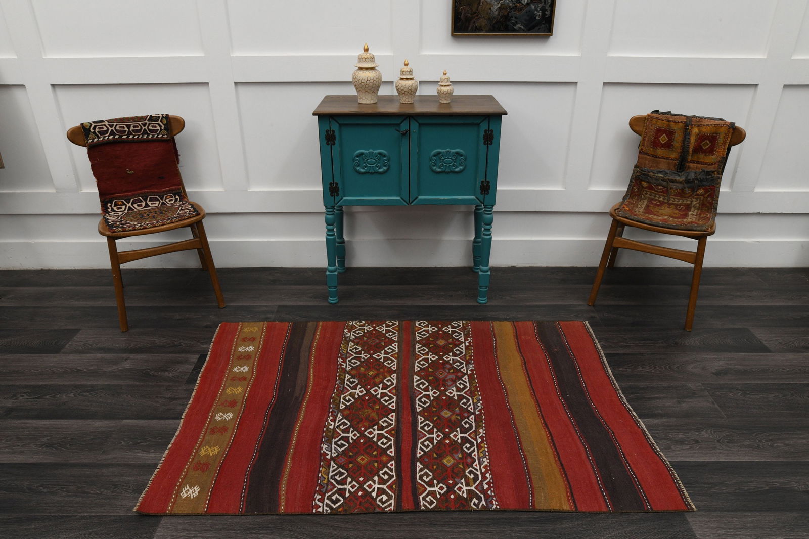 3.4x5.3 ft, TURKISH KILIM Rug: Title: 3.4x5.3 ft, TURKISH KILIM Rug Description: This Turkish one-of-a-kind Vintage Flatweave Kilim Rug is hand-knotted and handwoven by the most skilled artisans who use pure wool, in vibrant,