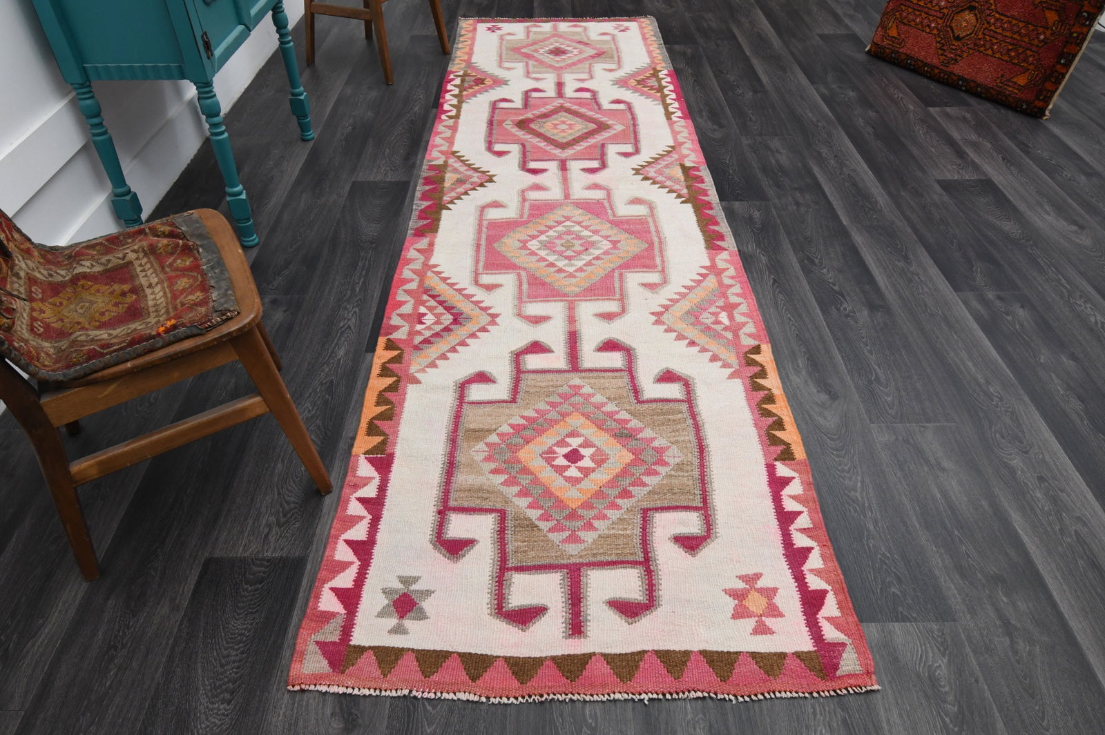 3.3x11.4 ft, TURKISH KILIM Runner: Title: 3.3x11.4 ft, TURKISH KILIM Runner Description: This Turkish one-of-a-kind Vintage Flatweave Kilim Rug is hand-knotted and handwoven by the most skilled artisans who use pure wool, in vibrant, n