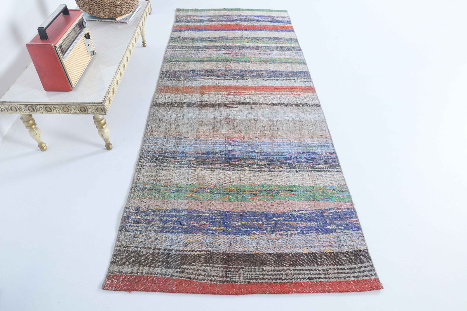 3x7.4 ft, TURKISH KILIM Runner: Title: 3x7.4 ft, TURKISH KILIM Runner Description: This Turkish one-of-a-kind Vintage Flatweave Kilim Rug is hand-knotted and handwoven by the most skilled artisans who use pure wool, in vibrant,