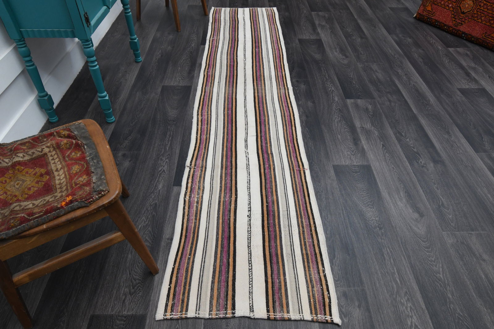2.1x9.6 ft, TURKISH Runner, VINTAGE: Title: 2.1x9.6 ft, TURKISH Runner, VINTAGE Description: This Turkish one-of-a-kind Vintage Flatweave Kilim Rug is hand-knotted and handwoven by the most skilled artisans who use pure wool, in vibrant,