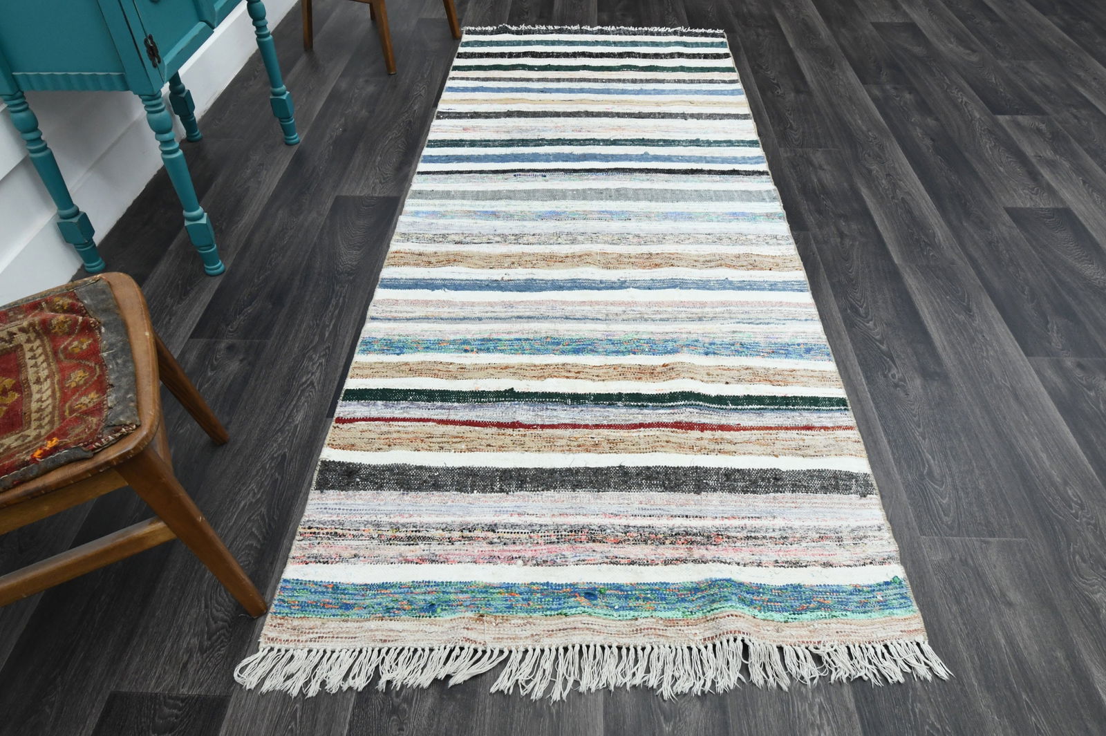 3.7x9 ft, TURKISH KILIM Rug: Title: 3.7x9 ft, TURKISH KILIM Rug Description: This Turkish one-of-a-kind Vintage Flatweave Kilim Rug is hand-knotted and handwoven by the most skilled artisans who use pure wool, in vibrant, natural