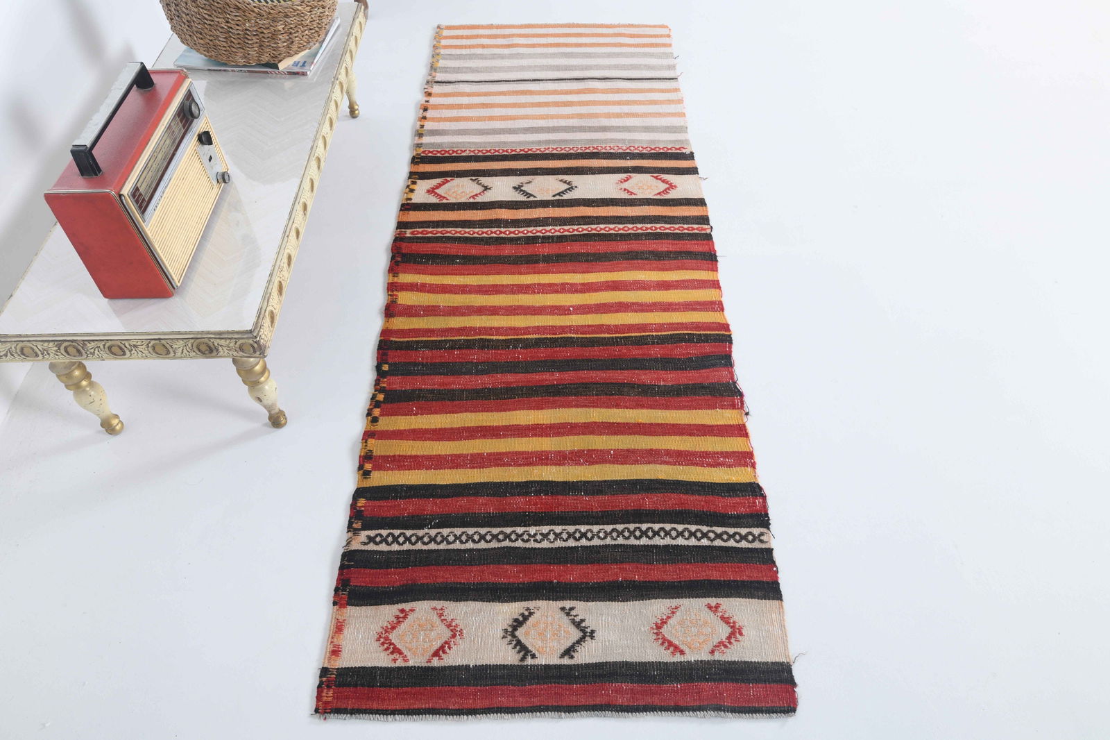 2.3x6.5 ft, Turkish Runner: Title: 2.3x6.5 ft, Turkish Runner Description: This Turkish one-of-a-kind Vintage Flatweave Kilim Rug is hand-knotted and handwoven by the most skilled artisans who use pure wool, in vibrant, natural