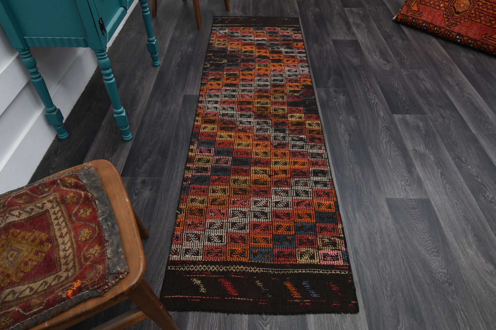 2.3x7.7 ft, TURKISH KILIM Runner: Title: 2.3x7.7 ft, TURKISH KILIM Runner Description: This Turkish one-of-a-kind Vintage Flatweave Kilim Rug is hand-knotted and handwoven by the most skilled artisans who use pure wool, in vibrant, na