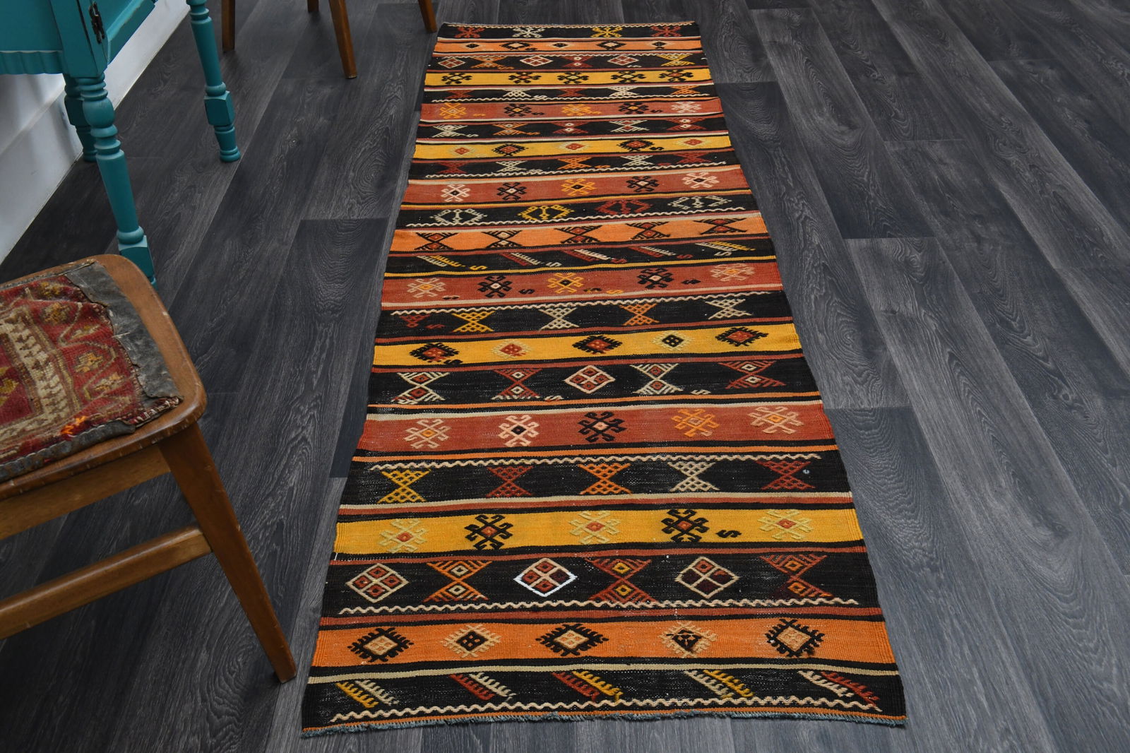 2.7x8.7 ft, TURKISH KILIM Runner: Title: 2.7x8.7 ft, TURKISH KILIM Runner Description: This Turkish one-of-a-kind Vintage Flatweave Kilim Rug is hand-knotted and handwoven by the most skilled artisans who use pure wool, in vibrant, na