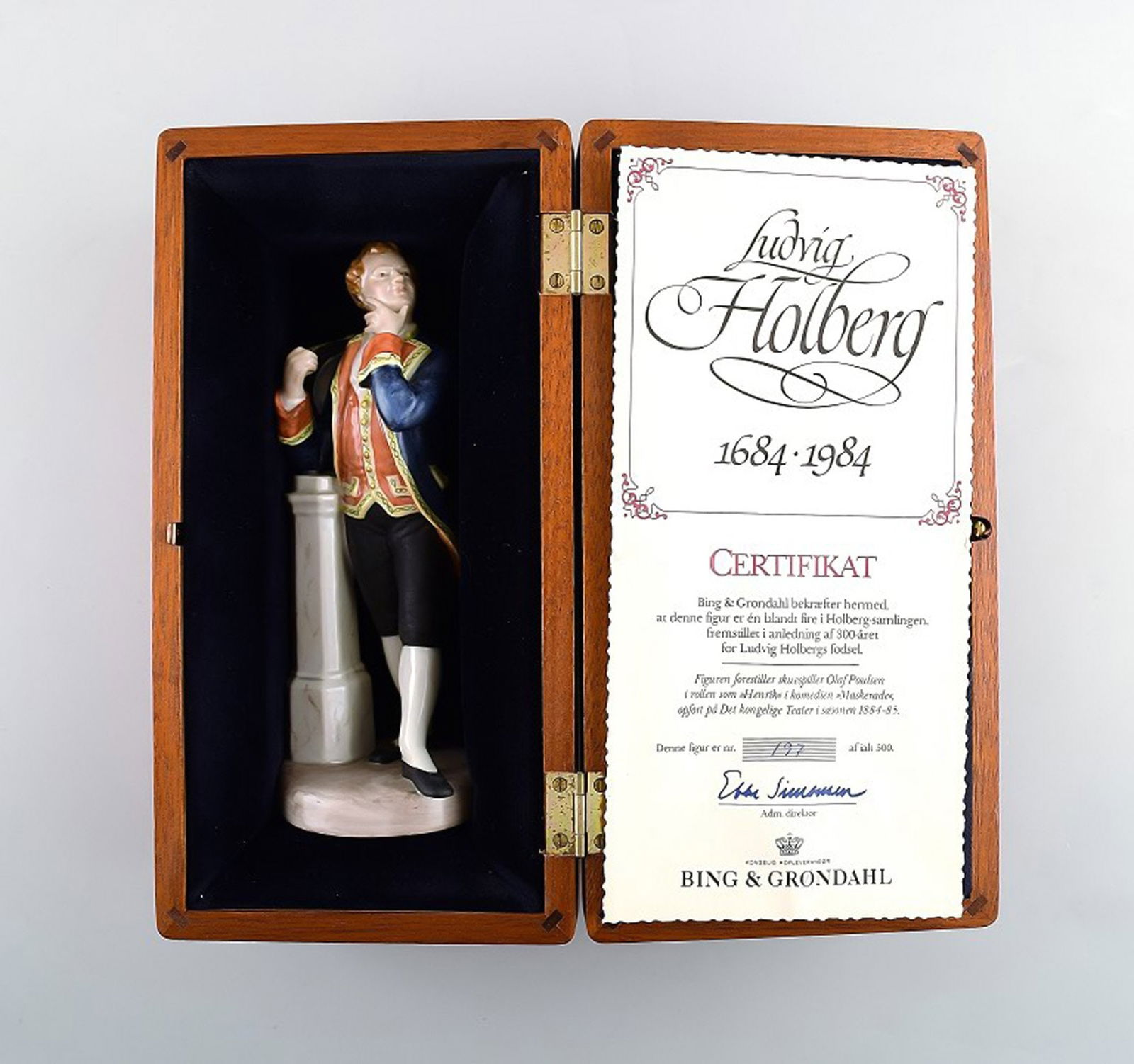 Bing & Grondahl Oluf Poulsen in the role of Henrik, B&G 8001 Ludvig Holberg 1884 "Henrik" Masquerade: Title: Bing & Grondahl Oluf Poulsen in the role of Henrik, B&G 8001 Ludvig Holberg 1884 "Henrik" Masquerade (Limited Edition 500 pcs.) Description: Bing & Grondahl Oluf Poulsen in the role of Henrik,