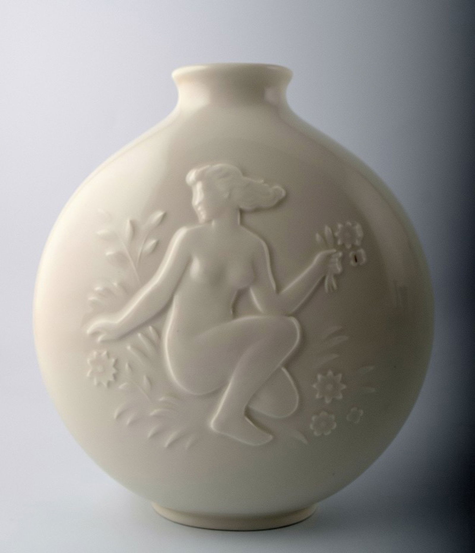 Royal Copenhagen blanc de chine vase, naked women in relief.: Title: Royal Copenhagen blanc de chine vase, naked women in relief. Description: Royal Copenhagen blanc de chine vase, naked women in relief. Measures 20 x 17 cm. Number 4118, HH. First factory
