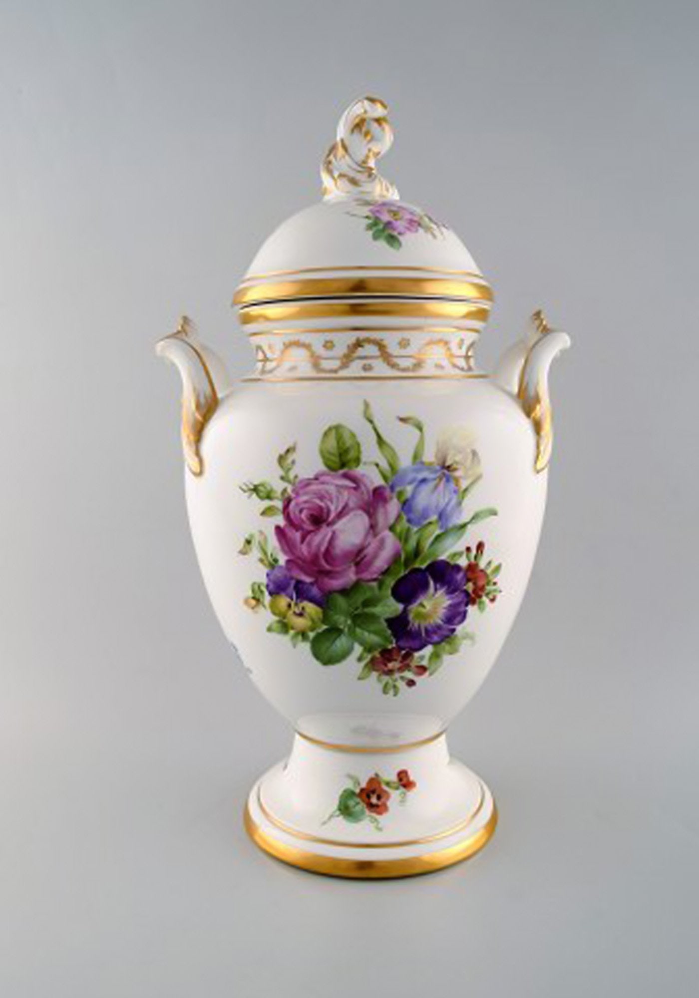Royal Copenhagen. Antique baluster shaped porcelain lidded vase. Hand painted in colors with - 3