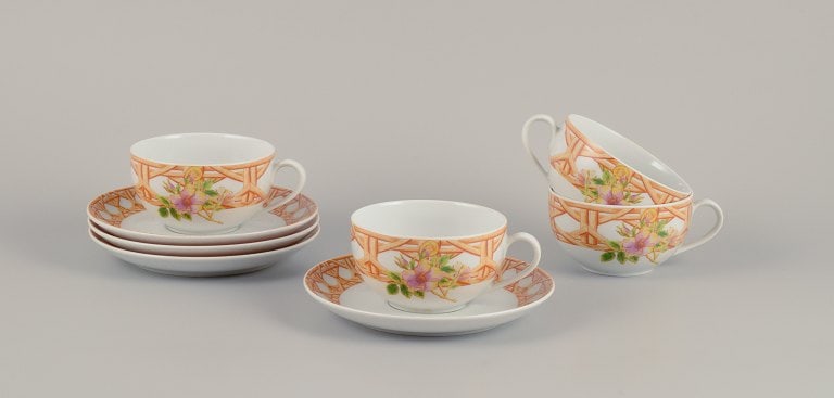 Christian Dior, Paris. Four pairs of coffee cups and saucers. Floral motif. Late 20th C.: Title: Christian Dior, Paris. Four pairs of coffee cups and saucers. Floral motif. Late 20th C. Description: Christian Dior, Paris. Four pairs of coffee cups and saucers. Floral motif. Late 20th