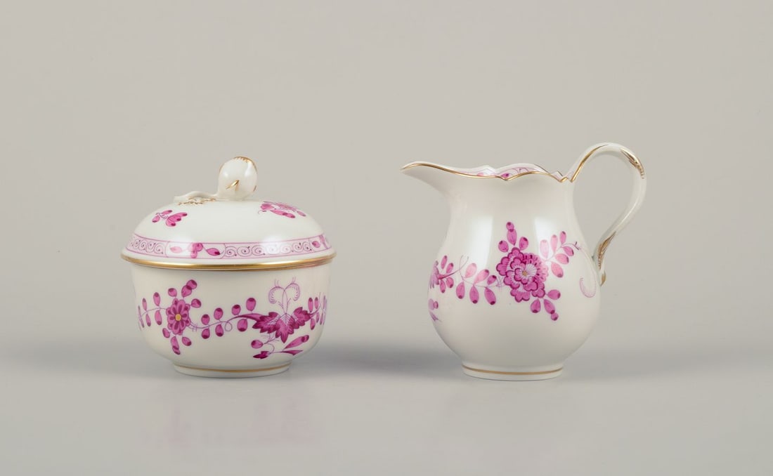 Meissen, Germany. "Pink Indian" porcelain creamer and sugar bowl with purple floral motifs, gold - 2
