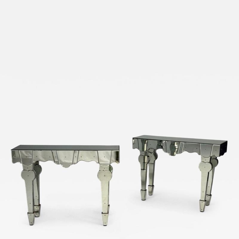 French Art Deco Style, Antique Glass, Painted Wood, Mirrored Console Tables: Title: French Art Deco Style, Antique Glass, Painted Wood, Mirrored Console Tables Description: French Art Deco Style, Antique Glass, Painted Wood, Heart Motif Mirrored Console Tables Exceptional pair