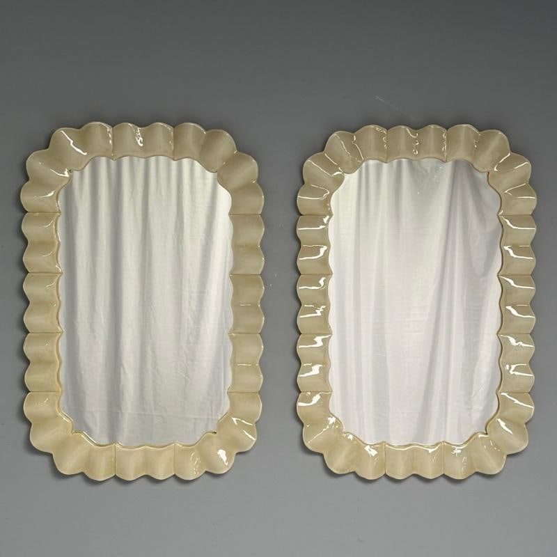 Modern Ruffle Wall Mirrors, White Murano Glass, Brass, Italy, 21st c. - 2