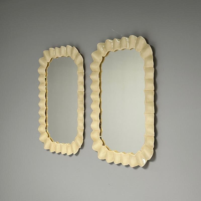 Modern Ruffle Wall Mirrors, White Murano Glass, Brass, Italy, 21st c. - 5