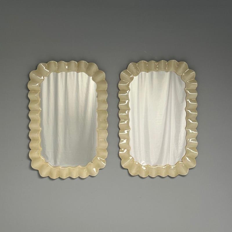 Modern Ruffle Wall Mirrors, White Murano Glass, Brass, Italy, 21st c. - 8