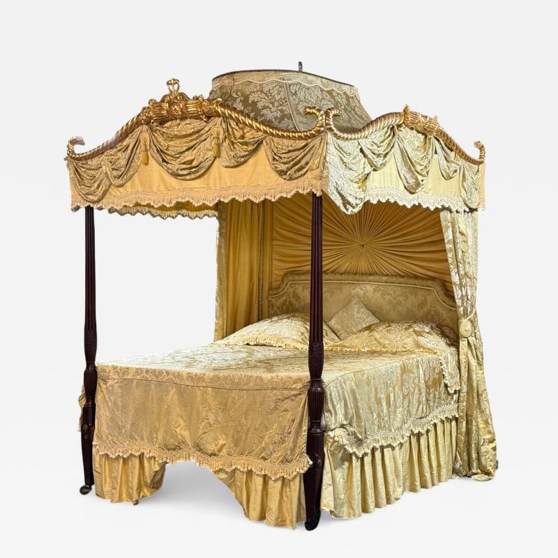 George III, Mahogany, Gilt-Wood, Silk, Canopy Bed, England c. 1880s: Title: George III, Mahogany, Gilt-Wood, Silk, Canopy Bed, England c. 1880s Description: George III, Mahogany, Gilt-Wood, Silk, Canopy Bed, England, c. 1880s Finely carved 19th century mahogany posts s