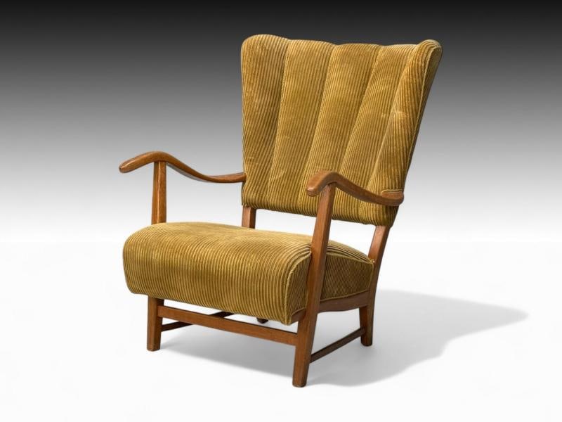 Frits Henningsen, Danish Modern, Corduroy, Wood, Lounge Chair, Denmark, 1940s - 2
