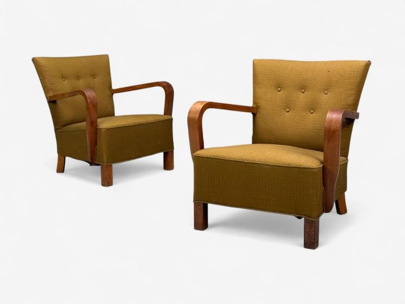 Danish Modern, Bentwood, Fabric, Lounge Chairs, Denmark, 1930s - 2