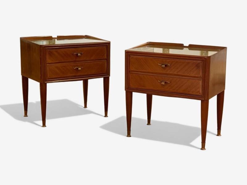 Italian Modern, Stained Wood, Brass, Glass, Nightstands, Italy, 1950s - 2