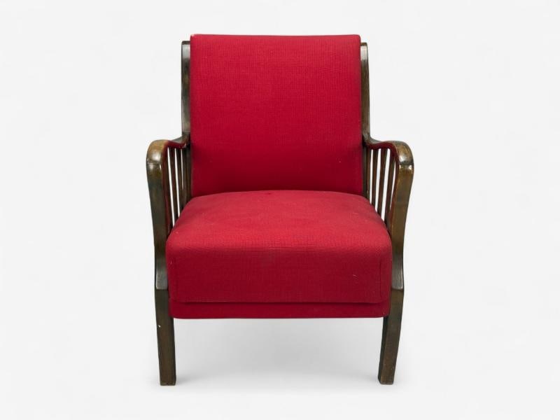 Josef Frank Attribution, Red Fabric, Wood, Lounge Chair, Denmark, 1950s - 2