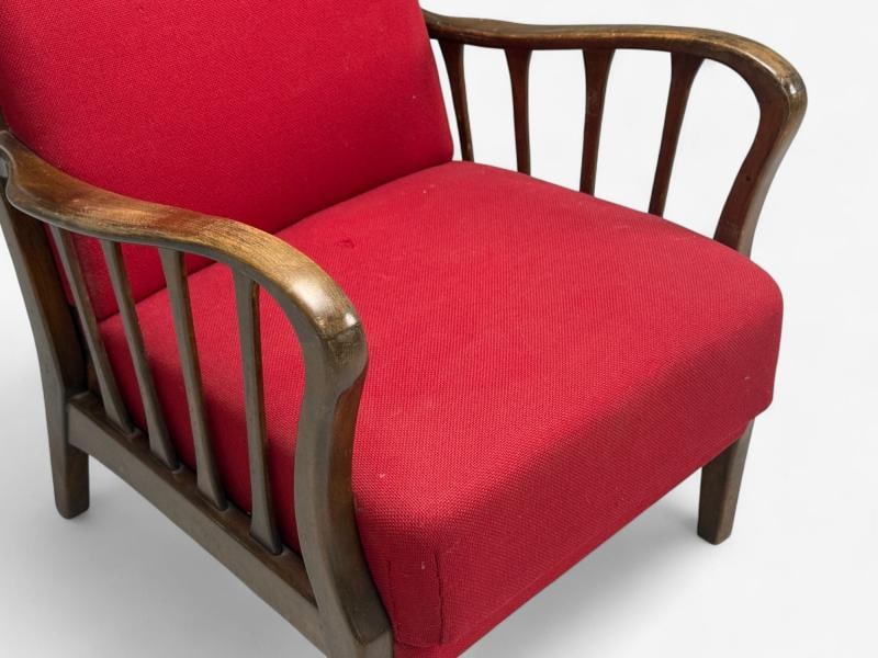 Josef Frank Attribution, Red Fabric, Wood, Lounge Chair, Denmark, 1950s - 3