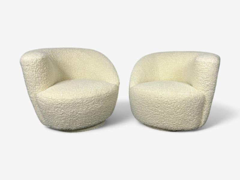 Vladimir Kagan Style, White Boucle, Nautilus Style Swivel Chairs, USA, 1970s - 2