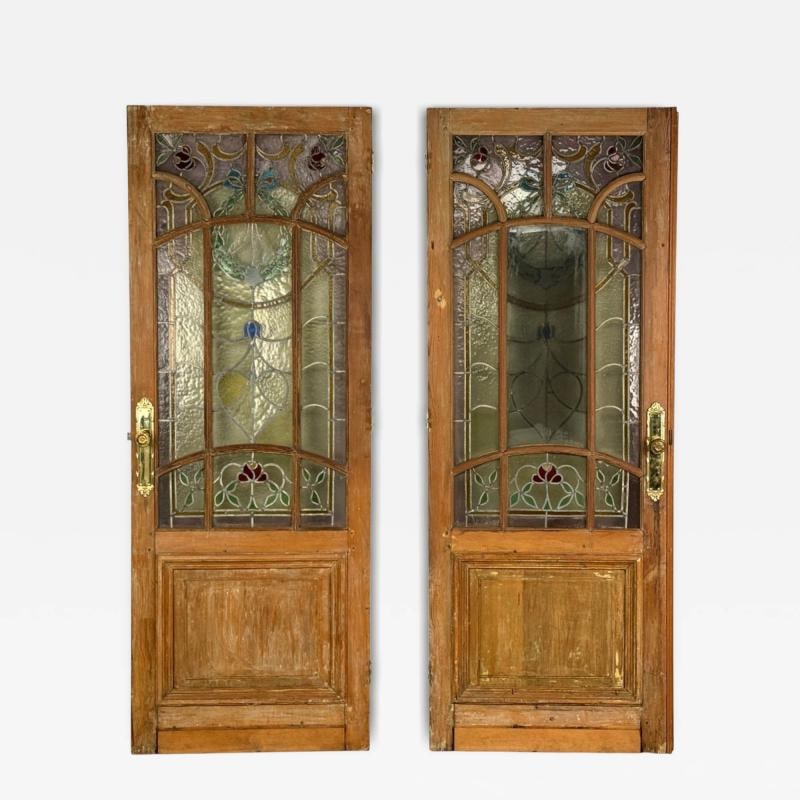 Neoclassical, Wood, Art Glass, Large Stained Glass Doors, Italy, 1930s: Title: Neoclassical, Wood, Art Glass, Large Stained Glass Doors, Italy, 1930s Description: Neoclassical, Wood, Art Glass, Large Stained Glass Doors, Italy, 1930s Pair of interesting early 20th century