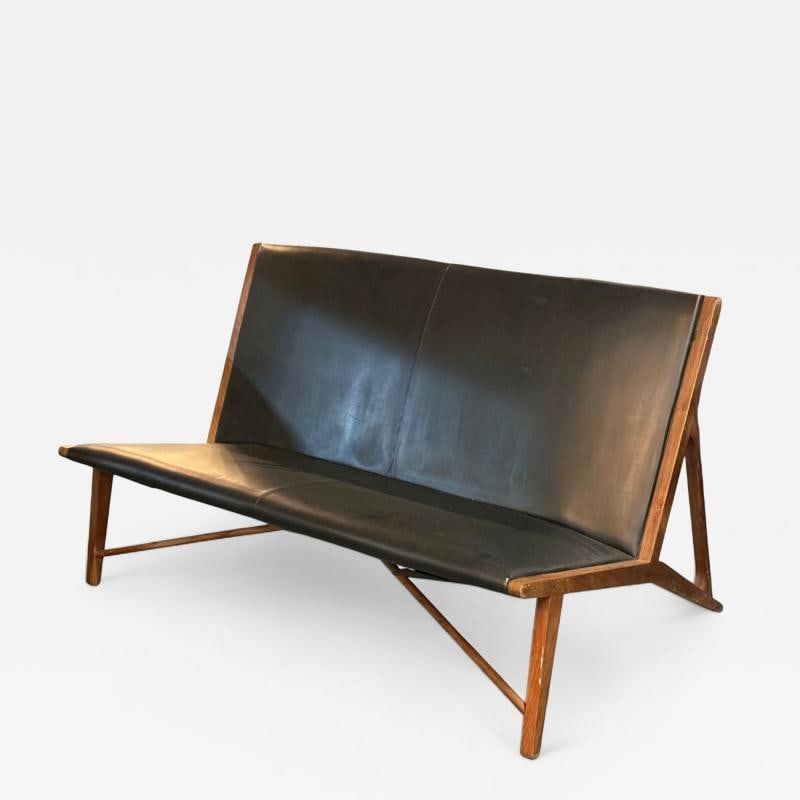 Hans J. Wegner Style, Teak, Leatherette, Settee, Denmark, 1950s: Title: Hans J. Wegner Style, Teak, Leatherette, Settee, Denmark, 1950s Description: Hans J. Wegner Style, Teak, Leatherette, Settee, Denmark, 1950s A unique settee or bench in the style of Hans Wegner