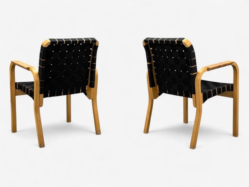 Alvar Aalto, Birch, Rattan, Black Linen Webbing, Armchairs, Finland, 1980s - 12