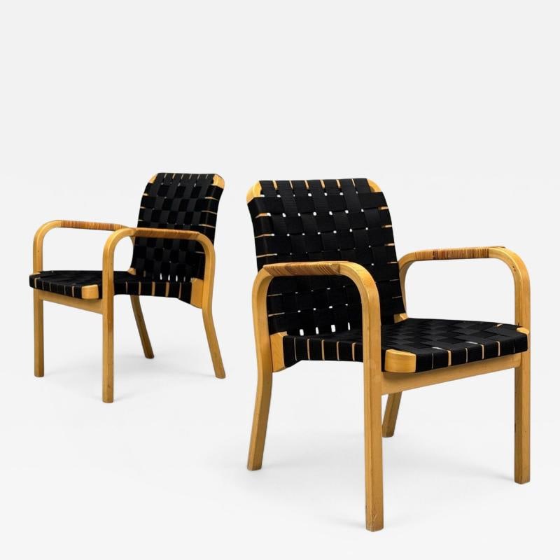 Alvar Aalto, Birch, Rattan, Black Linen Webbing, Armchairs, Finland, 1980s (1 of 12)
