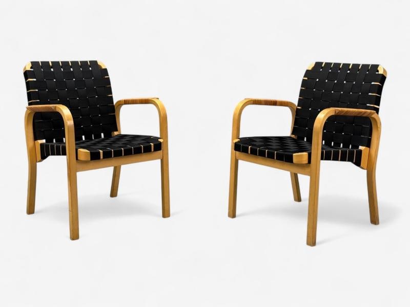 Alvar Aalto, Birch, Rattan, Black Linen Webbing, Armchairs, Finland, 1980s - 2